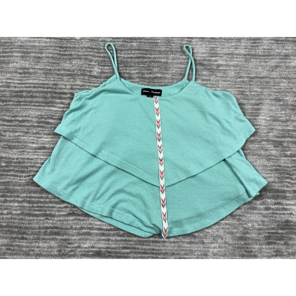 Mason + Mackenzie Tank Top Womens Small Teal Green Tiered Boho Cami Chevron Trim